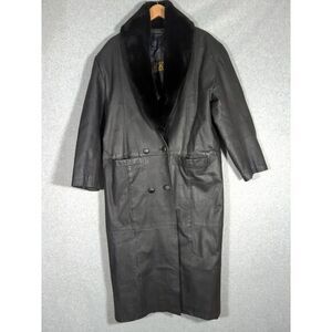 Vintage Leather D.A.N.Y Womans M Trench Coat Belted Black Fur Collar Penny 70s